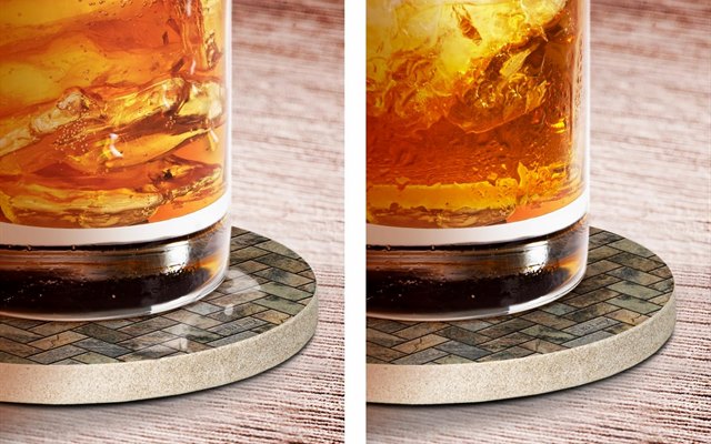 Herringbone coaster under a cold drink, before and after condensation